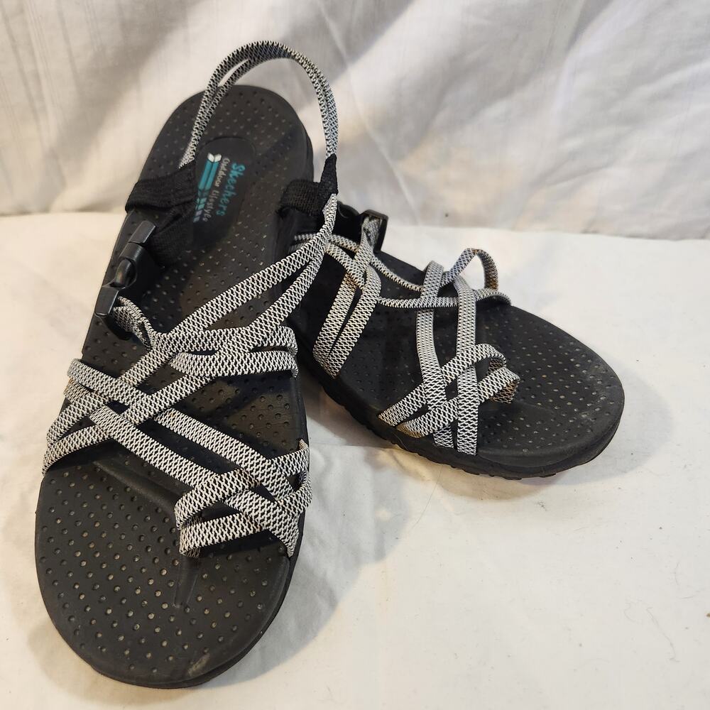 Skechers Reggae Irie Mon Strappy Outdoor Water Sandals Black White Check Size 8